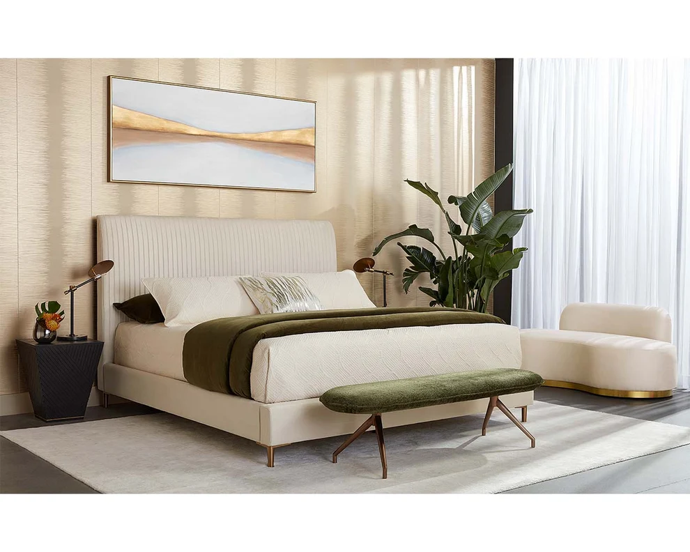 Harris Bed – Vertical Tufted Performance Fabric Bed with Gold Legs