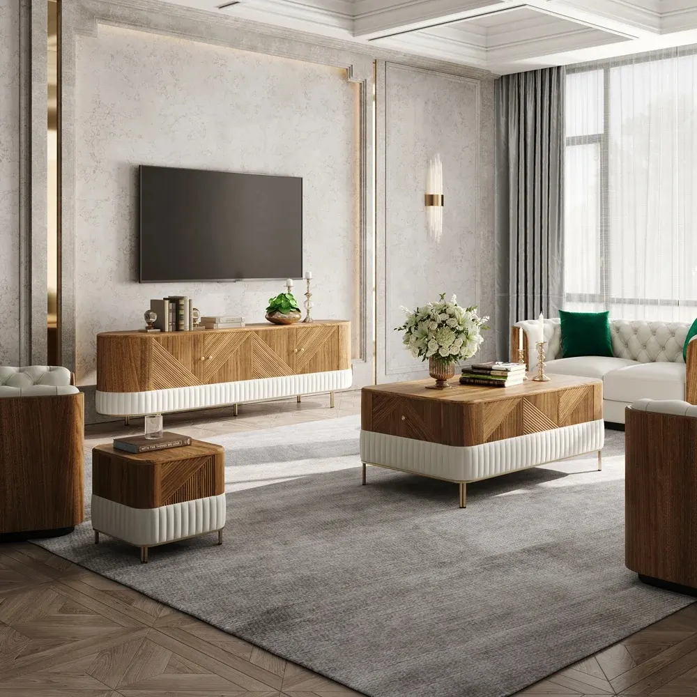 Geometric Fluted Walnut & White TV Stand, Coffee Table & Side Table Set