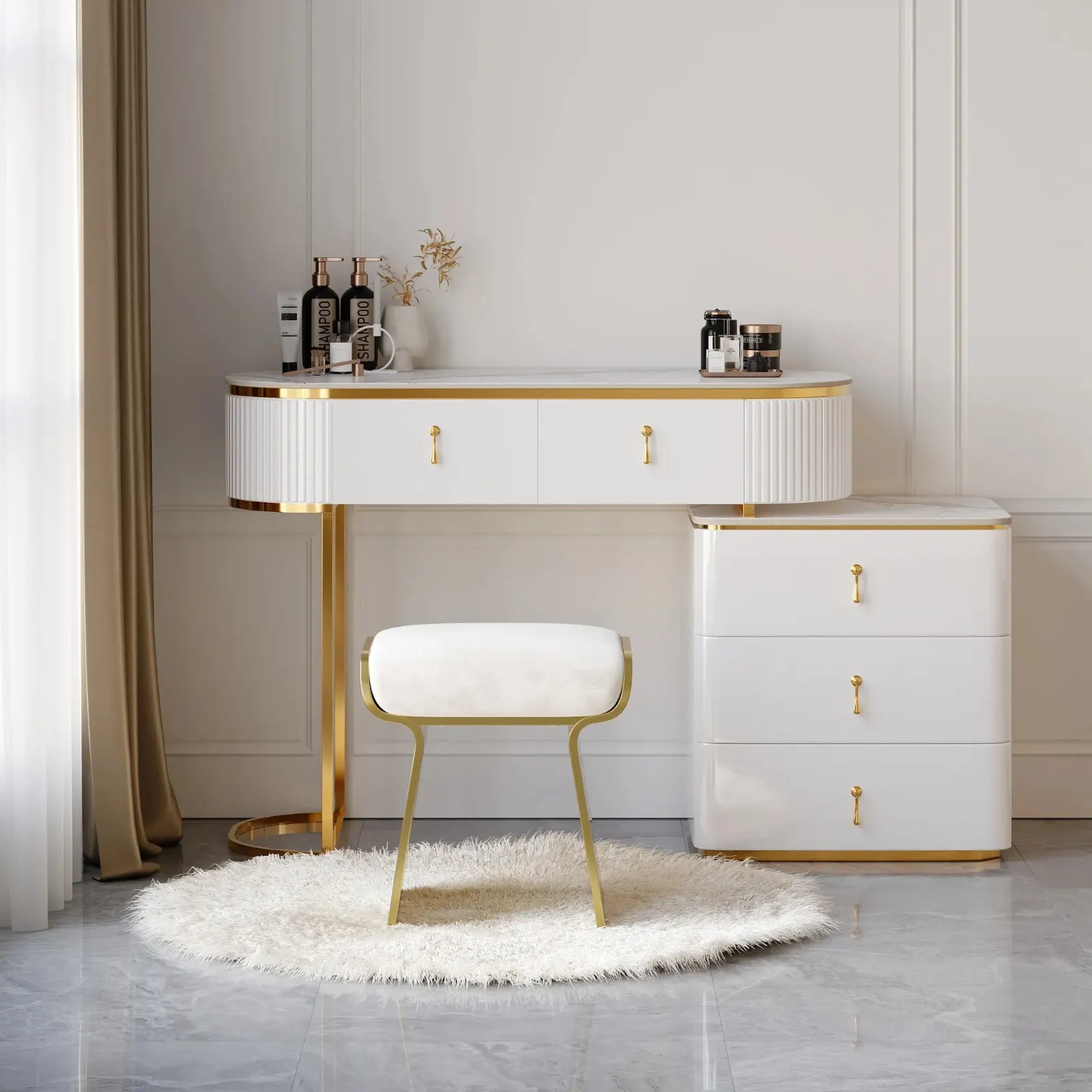 Modern Extendable White & Gold Makeup Vanity with 5 Drawers and Sintered Stone Top