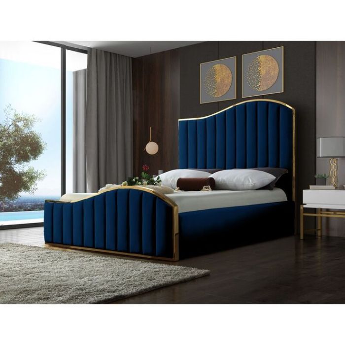 Luxury Winged Upholstered Bed – Vertical Panel Headboard with Gold Accents