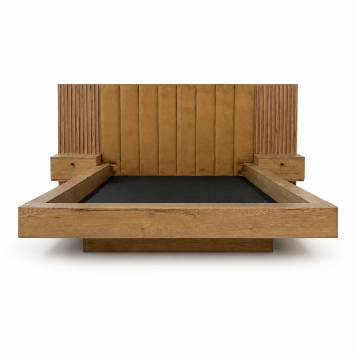 Maimo Modern Floating Formica Bed – Upholstered Panel Headboard with Bedside Drawers