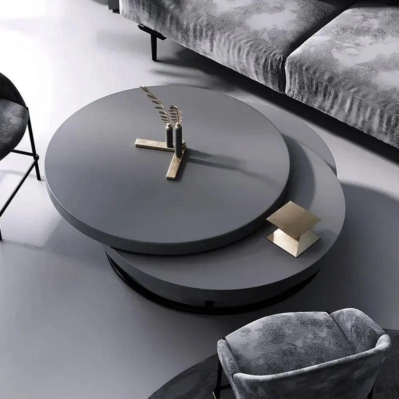 Rotating Grey Round Coffee Table with Hidden Drawer