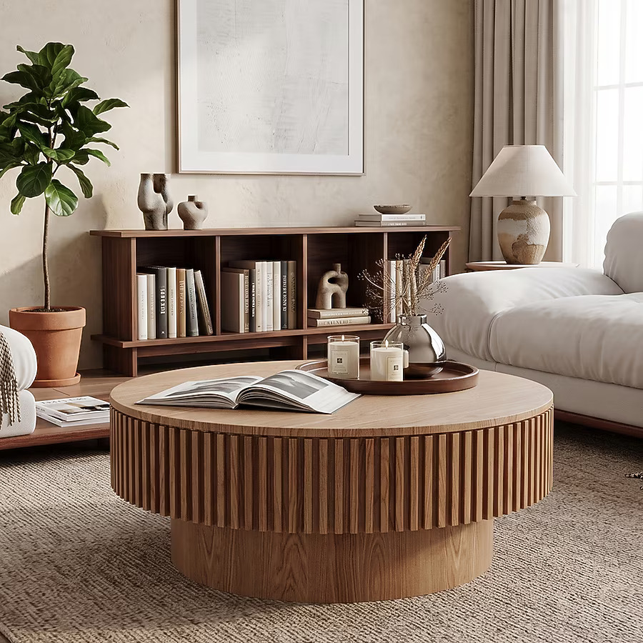 Modern Fluted Round Coffee Table with Hidden Storage