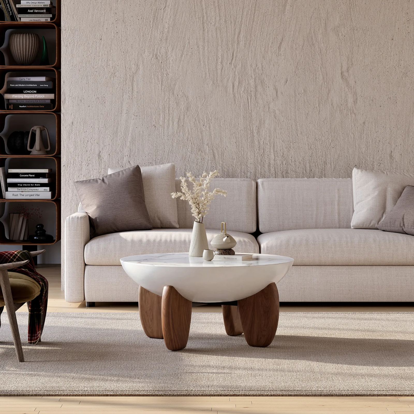 Curva Sculptural Round Coffee Table – Fiberglass Top with Ash Wood Legs