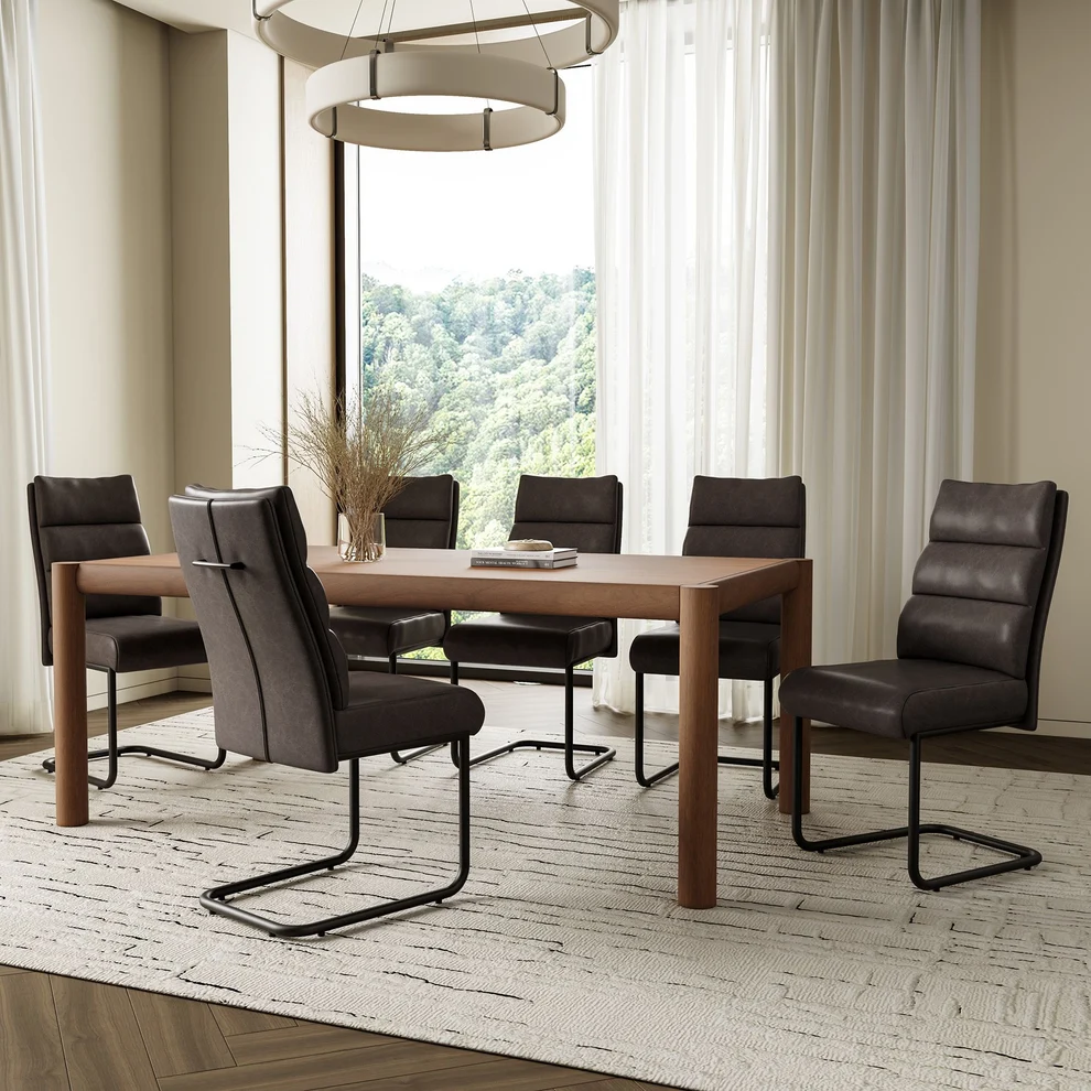 Advik & Brodi 7pc Dining Set – Walnut Table with Charcoal Faux Leather Chairs