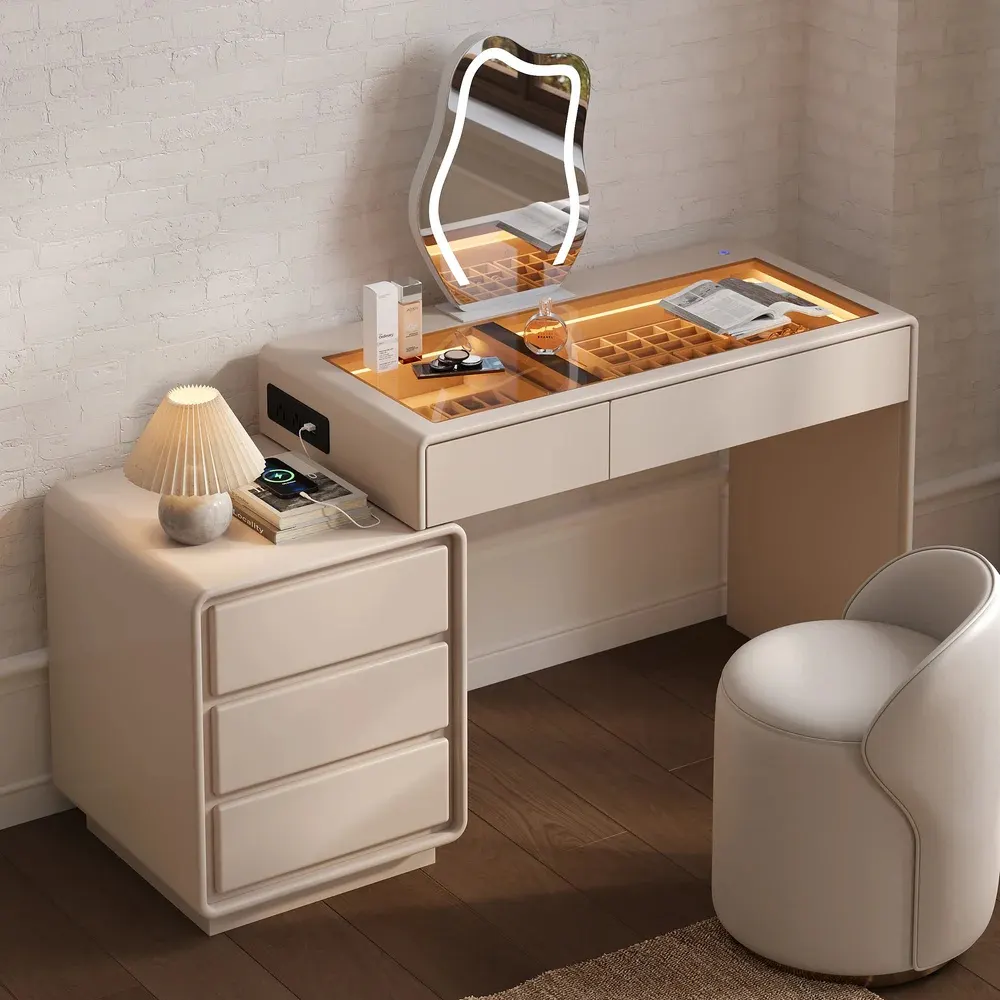 Retractable Ivory & Amber LED Makeup Vanity Set with 5 Drawers and Stool
