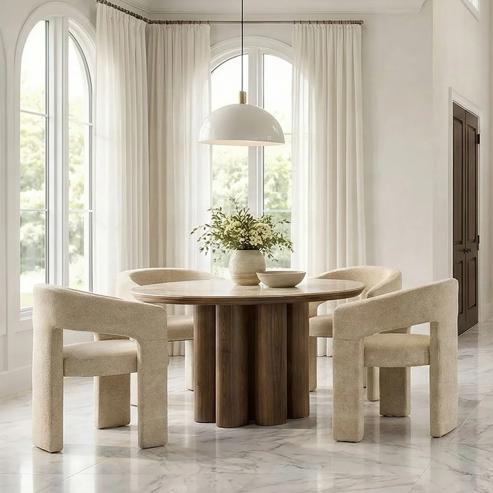 Seaton & Amara 5pc Dining Set – Walnut Travertine Table with Beige Chairs