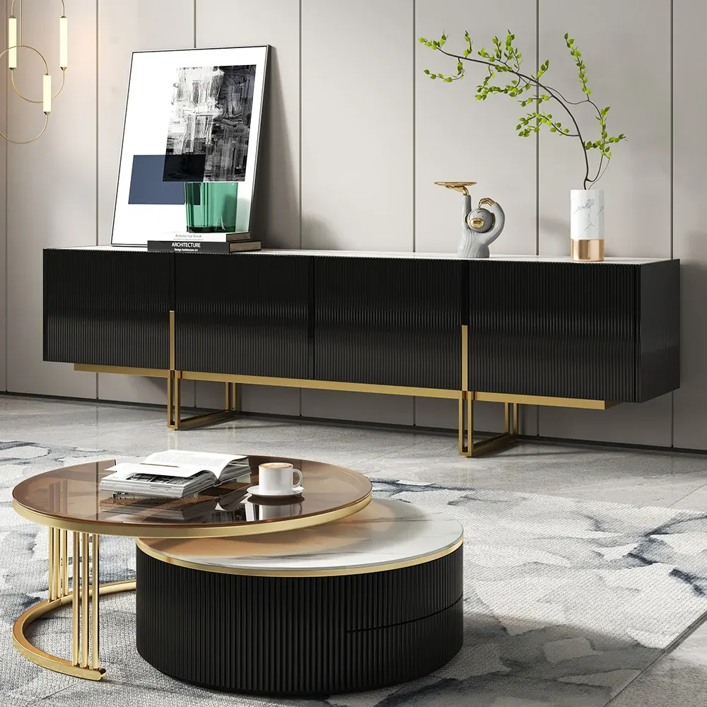 Modern Slatted Stone Top TV Stand & Coffee Table Set