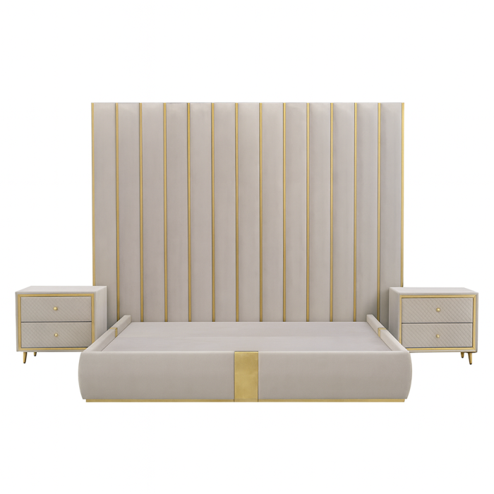 Luxury Bed with Vertical Panel Headboard and Golden Accents