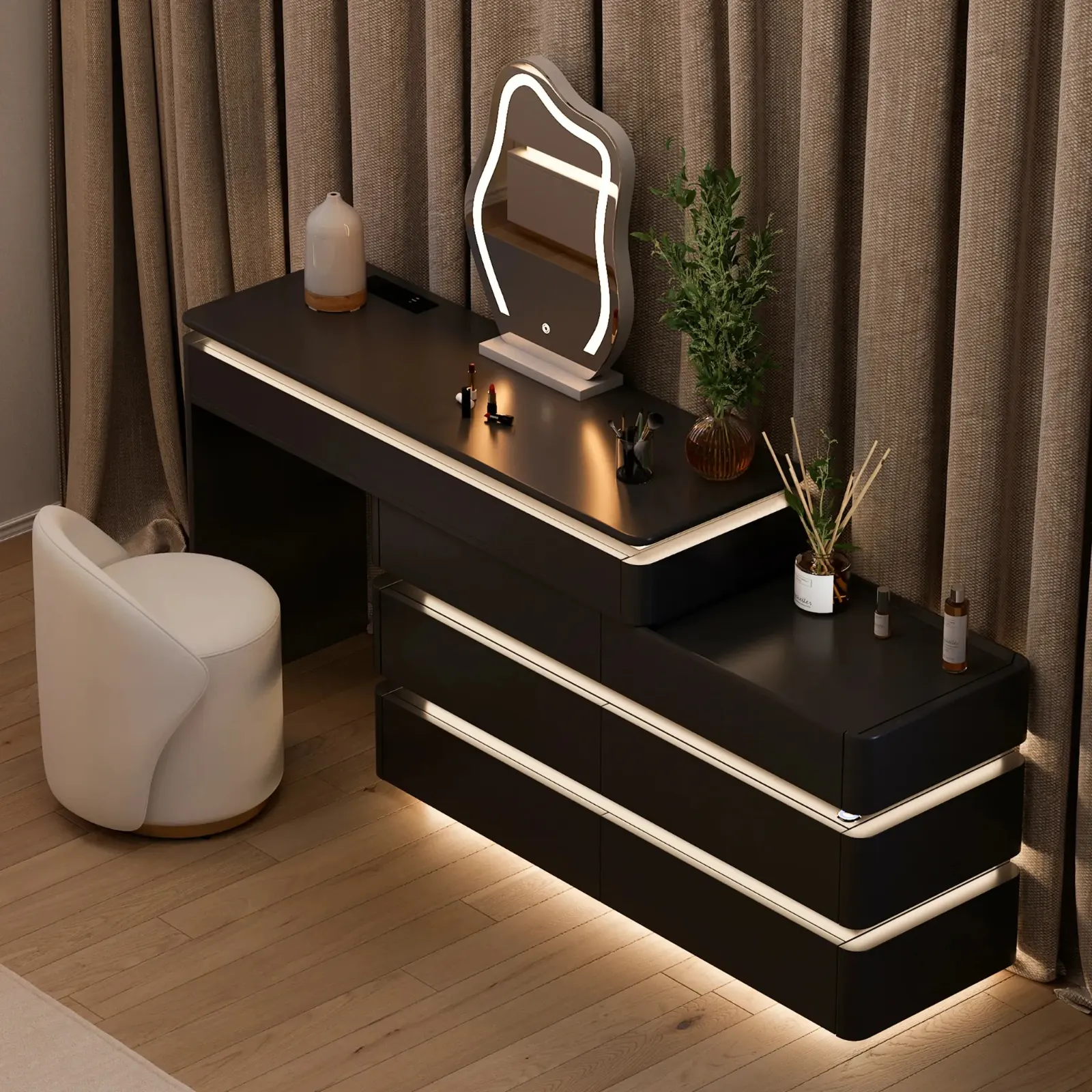 Modern Extendable LED Dressing Table with Mirror and 8 Drawers