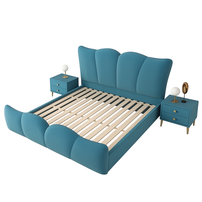 Modern Wave-Inspired Upholstered Bed – Padded Frame with Matching Side Tables