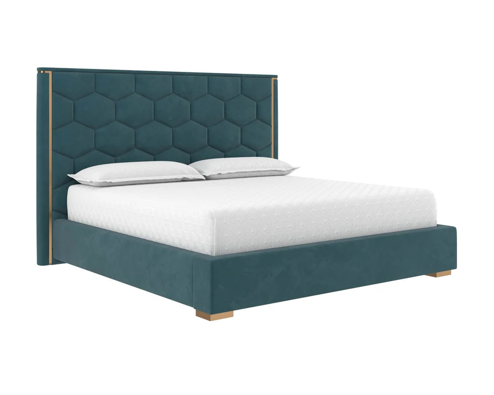 Alisha Bed – Hexagonal Tufted King Bed with Gold Accents