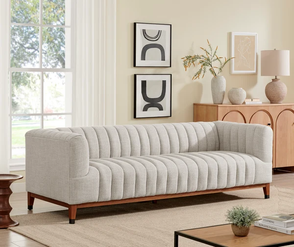 Groove Condo Sofa – Oyster Fabric with Rustic Oak Base