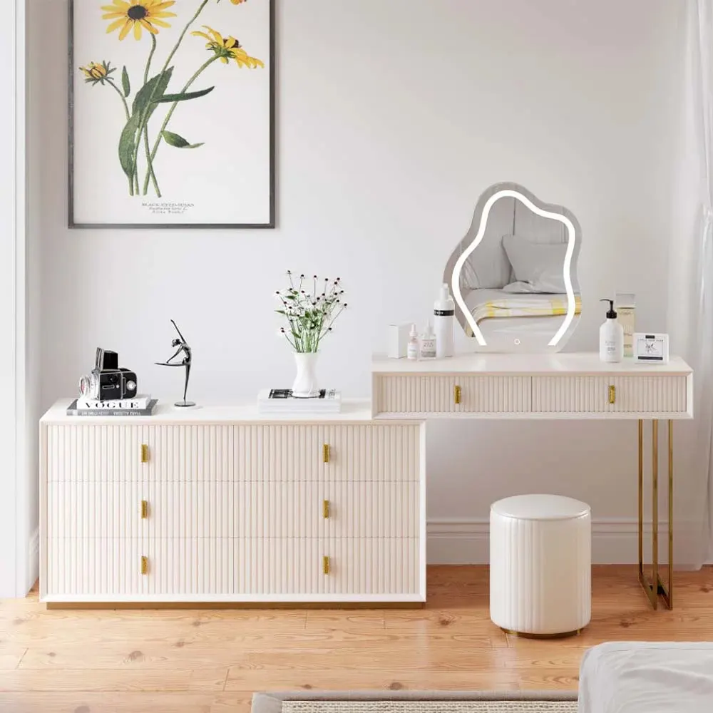 Extendable White & Gold LED Dressing Table Set with 8 Drawers