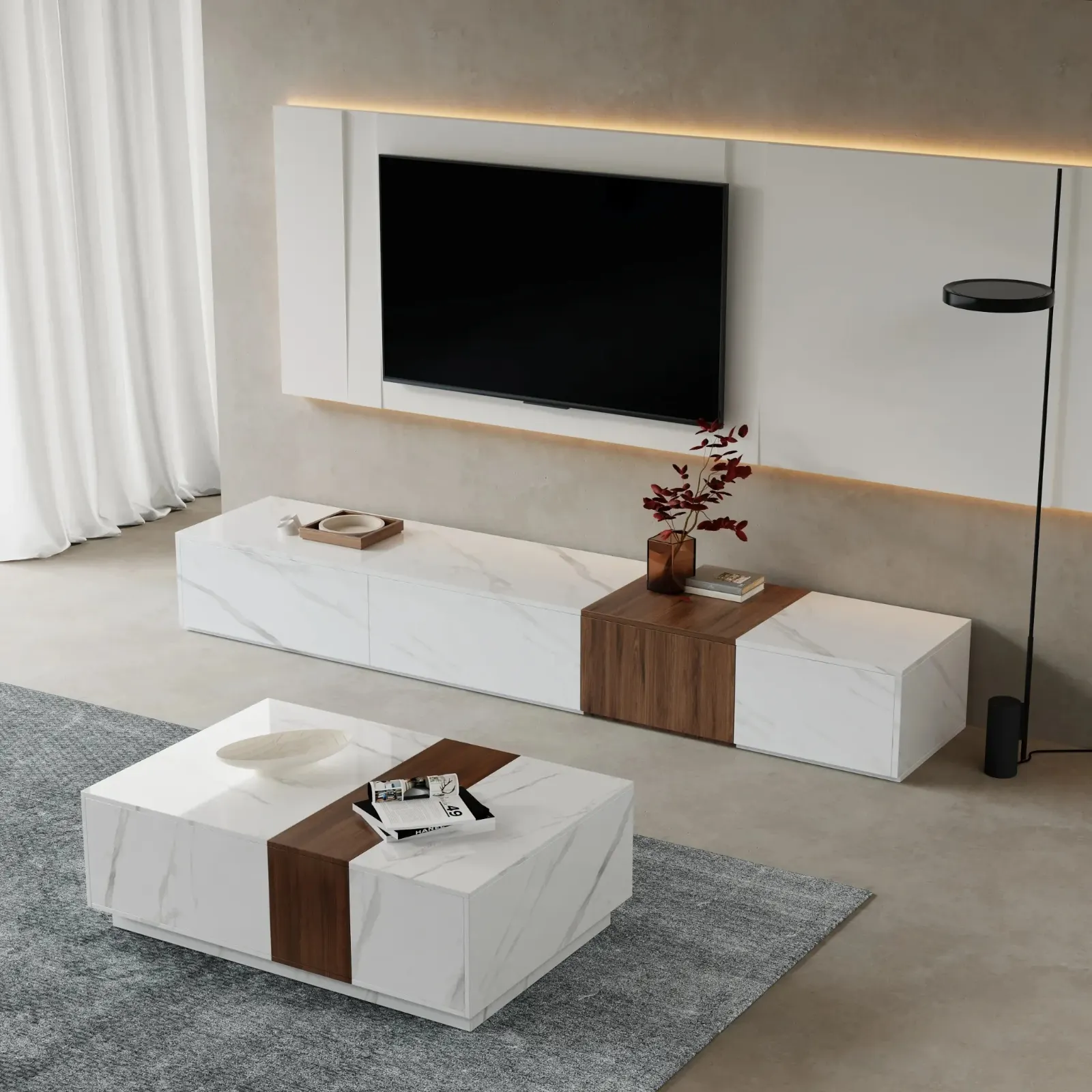 Modern Marble & Walnut TV Stand and Coffee Table Set