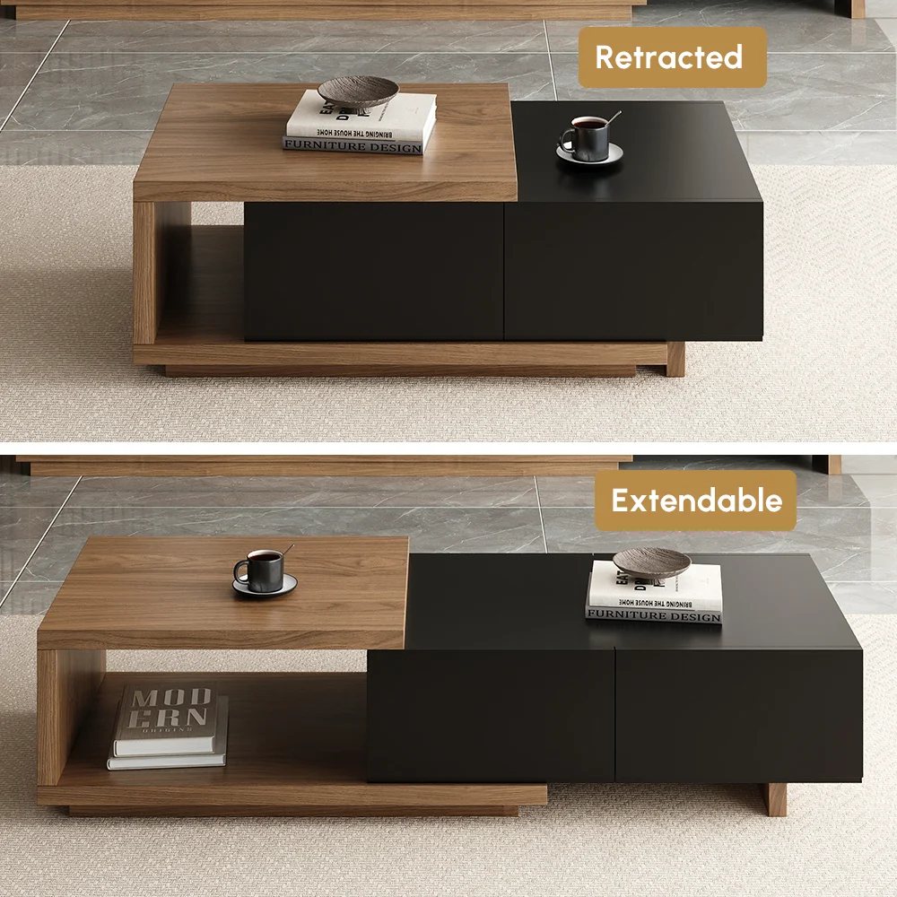 Modern Extendable Coffee Table – Black & Walnut with 2 Drawers and Shelf