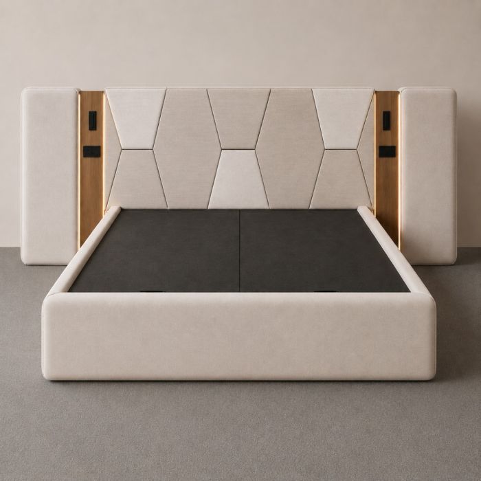 Luxury Upholstered Bed with LED Headboard – Geometric Padded Bed with Wood Accents