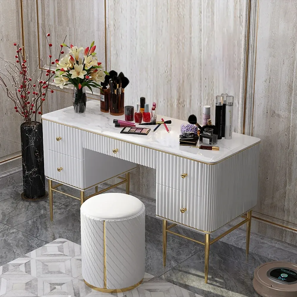 Modern White & Gold Faux Marble Dressing Table with 5 Drawers