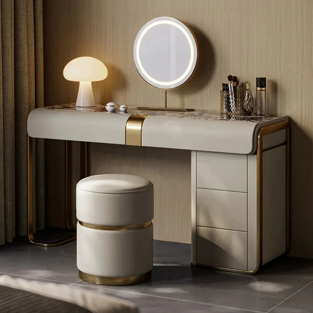 Luxury Sintered Stone LED Dressing Table Set with 5 Drawers and Stool