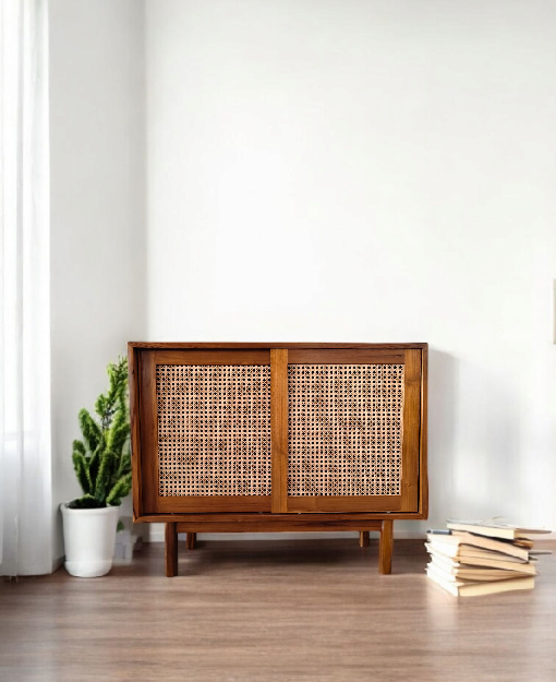 Solid Teak and Rattan Storage Cabinet