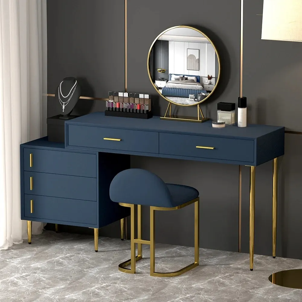 Description Transform your bedroom routine with this blue vanity and gold accents, designed to fit y