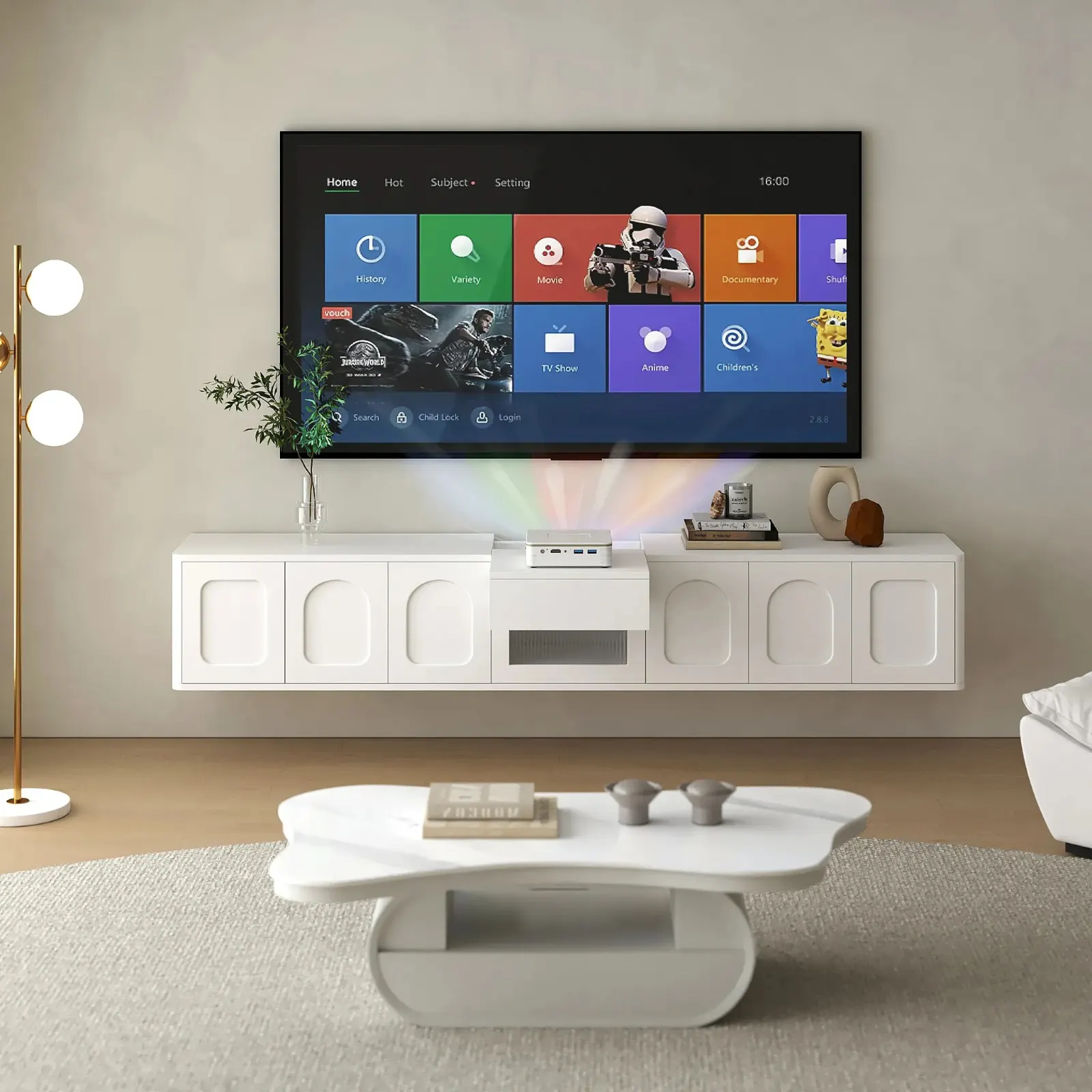 White Projector-Ready Floating TV Cabinet