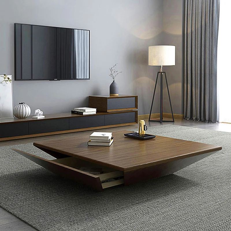 Modern Square Coffee Table – Engineered Wood with Soft-Close Storage Drawer