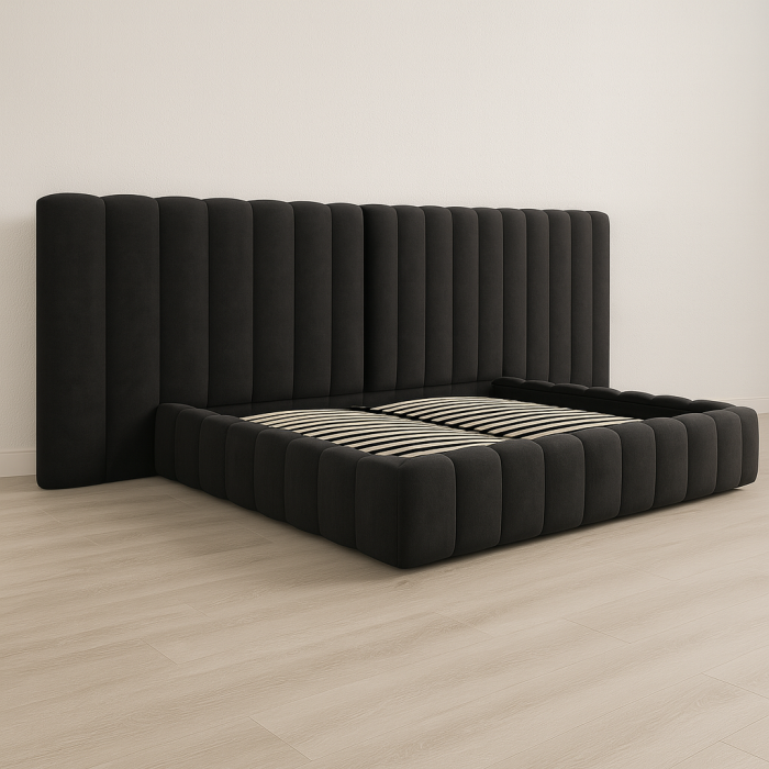Contemporary Upholstered Bed – Padded Frame with Tall Extended Headboard