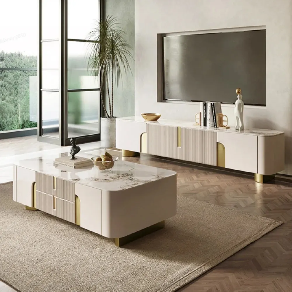 Beige & Gold Sintered Stone TV Stand and Coffee Table Set