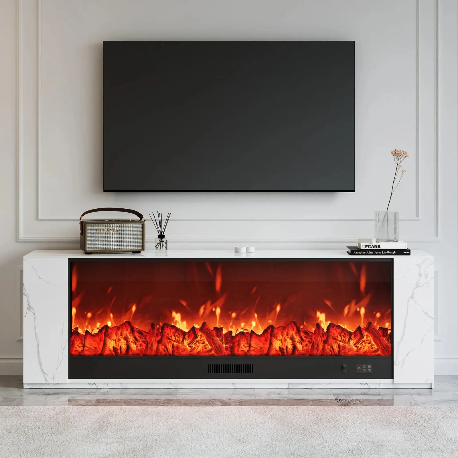 Travertine Electric Fireplace TV Stand