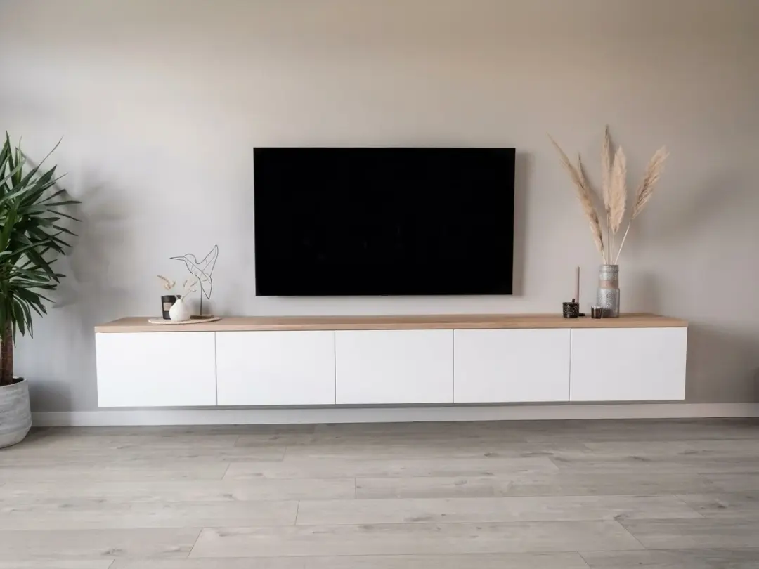 Floating Wall-Mounted TV Stand with Natural Accent