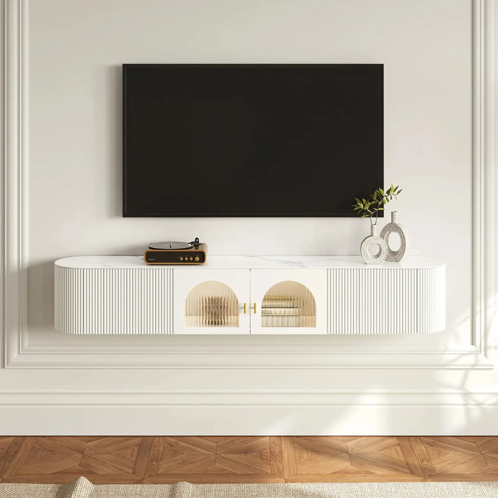 White Sintered Stone Floating TV Stand