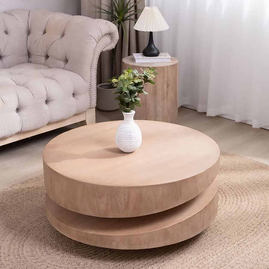Modern Sculptural Round Wood Coffee Table – Natural Finish