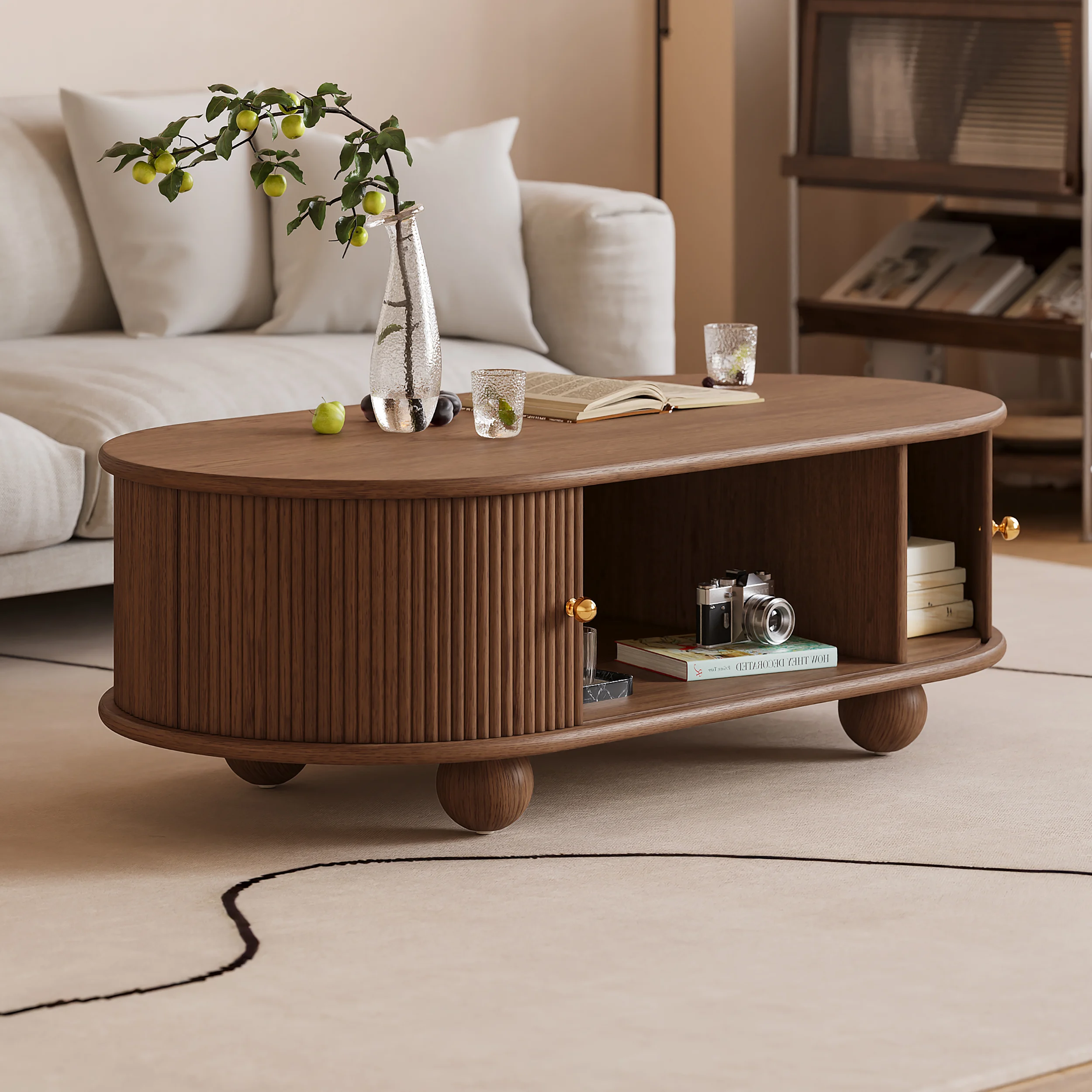 Modern Oval Coffee Table – Walnut-Finish Ash Wood with Tambour Storage