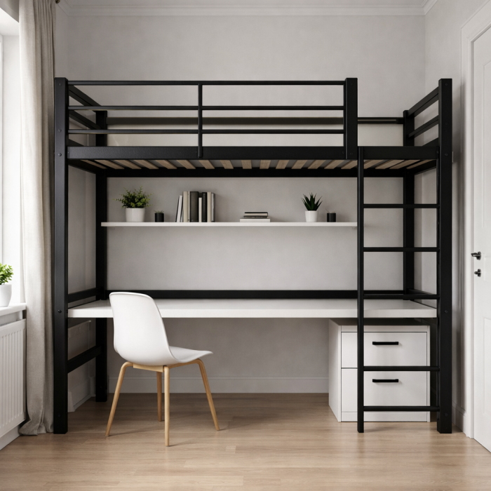 Modern Loft Bed with Desk & Storage – Space-Saving Double Bed