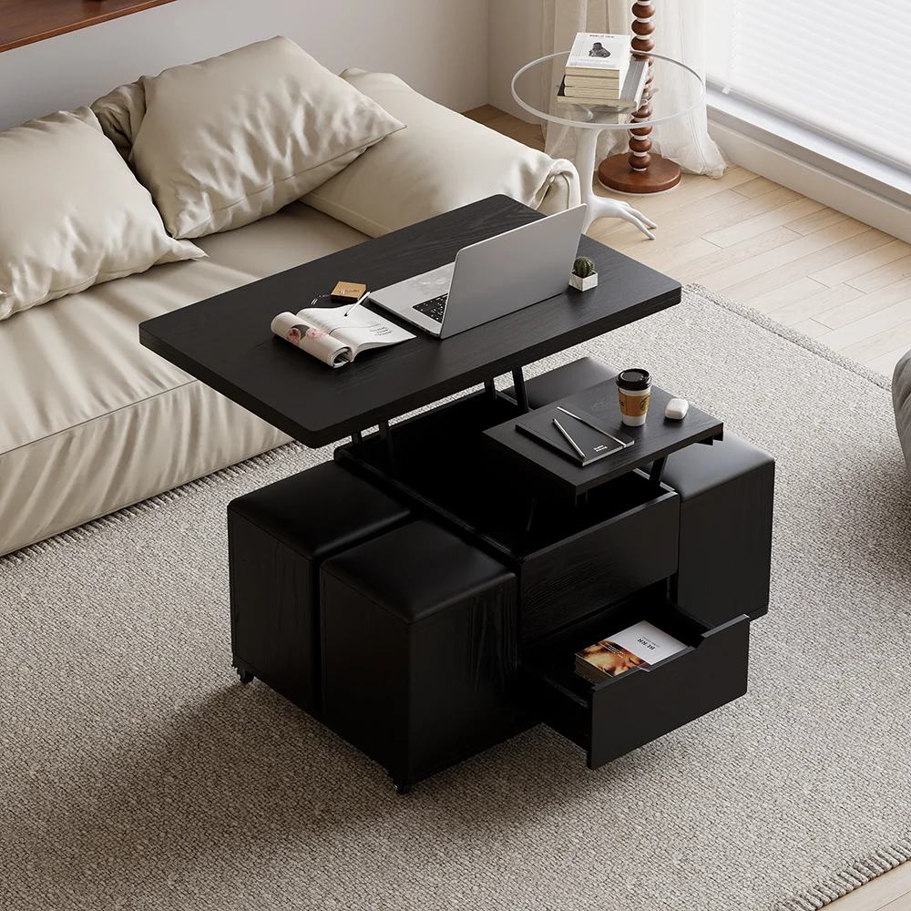 Multifunctional Lift-Top Coffee Table with 4 Ottomans & Storage