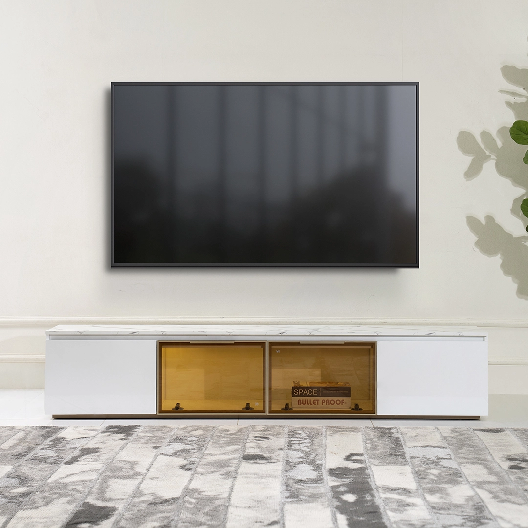 Marble-Effect White TV Unit with LED Lighting