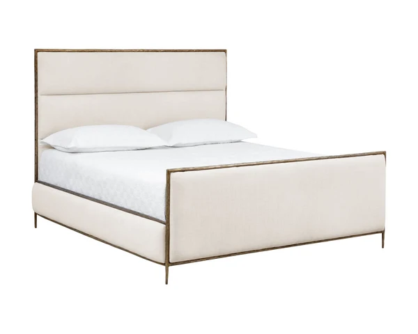 Yasmine King Bed – Antique Brass Frame with Alabaster Performance Fabric