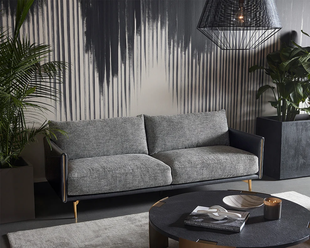 Ashi Sofa – Nash Zebra Fabric & Coal Black Faux Leather Sofa