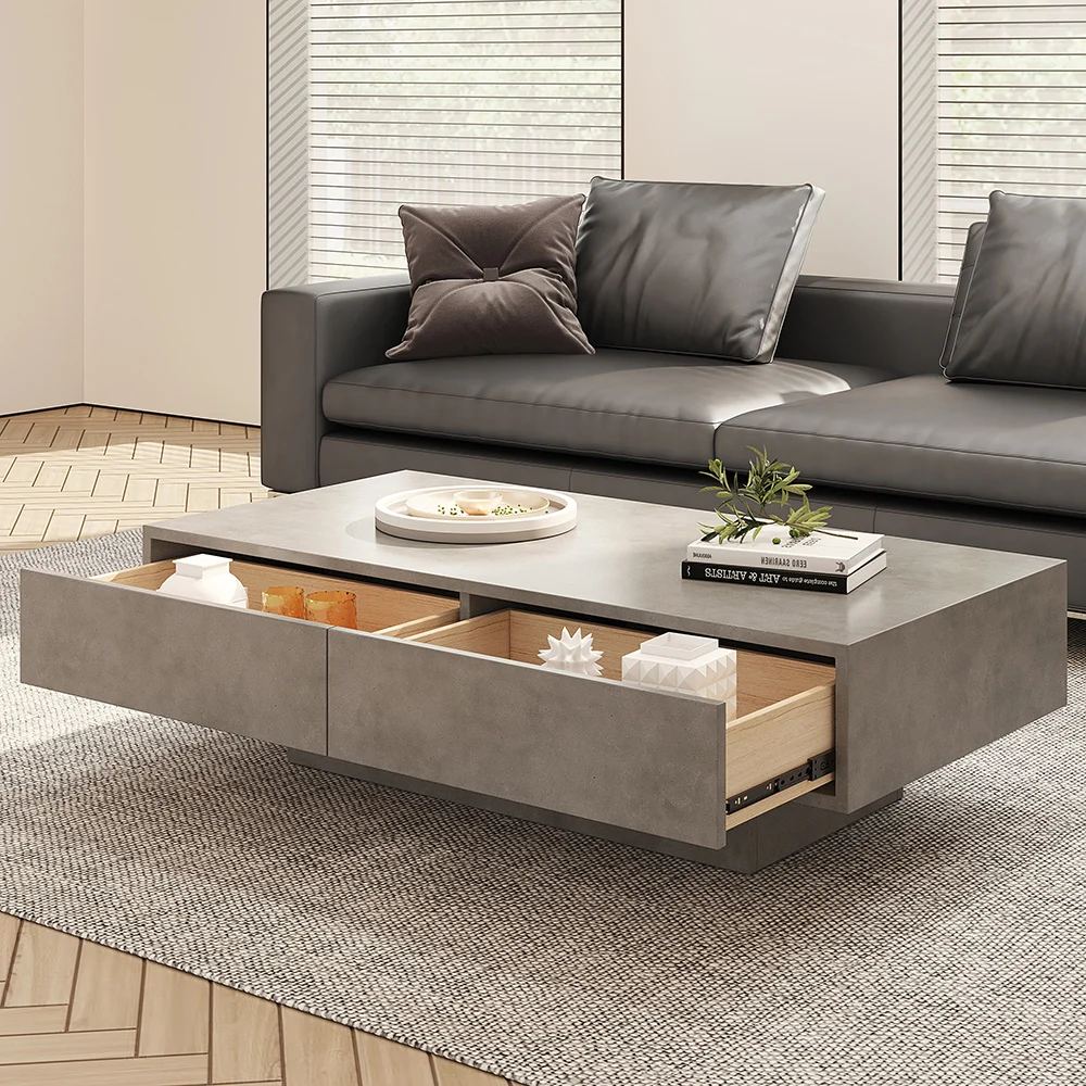Japandi Concrete-Look Coffee Table – 2 Drawers with Open Storage Shelf
