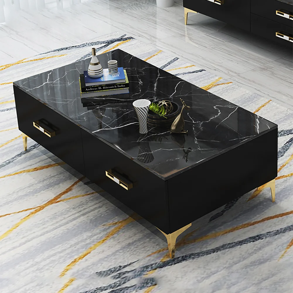 Rectangular Faux Marble Coffee Table with 4 Storage Drawers