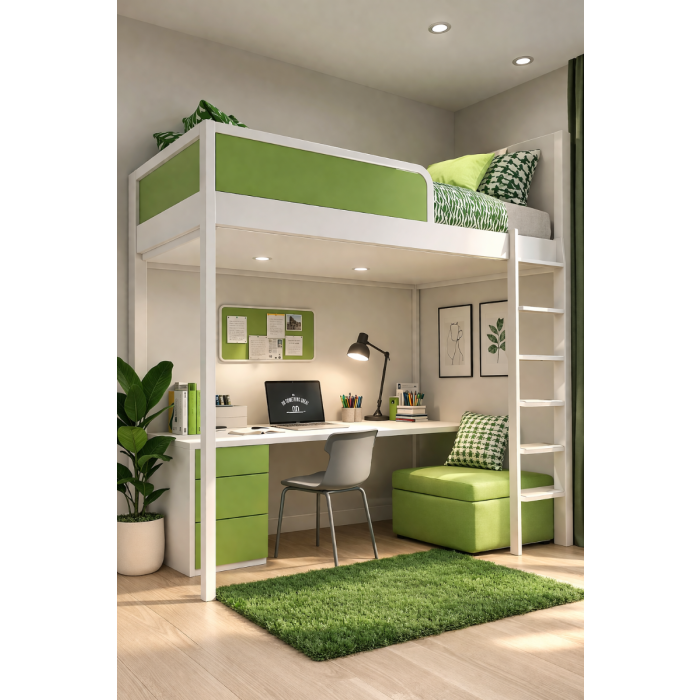 Modern Loft Bed with Study Desk & Storage – Space-Saving Double Bed