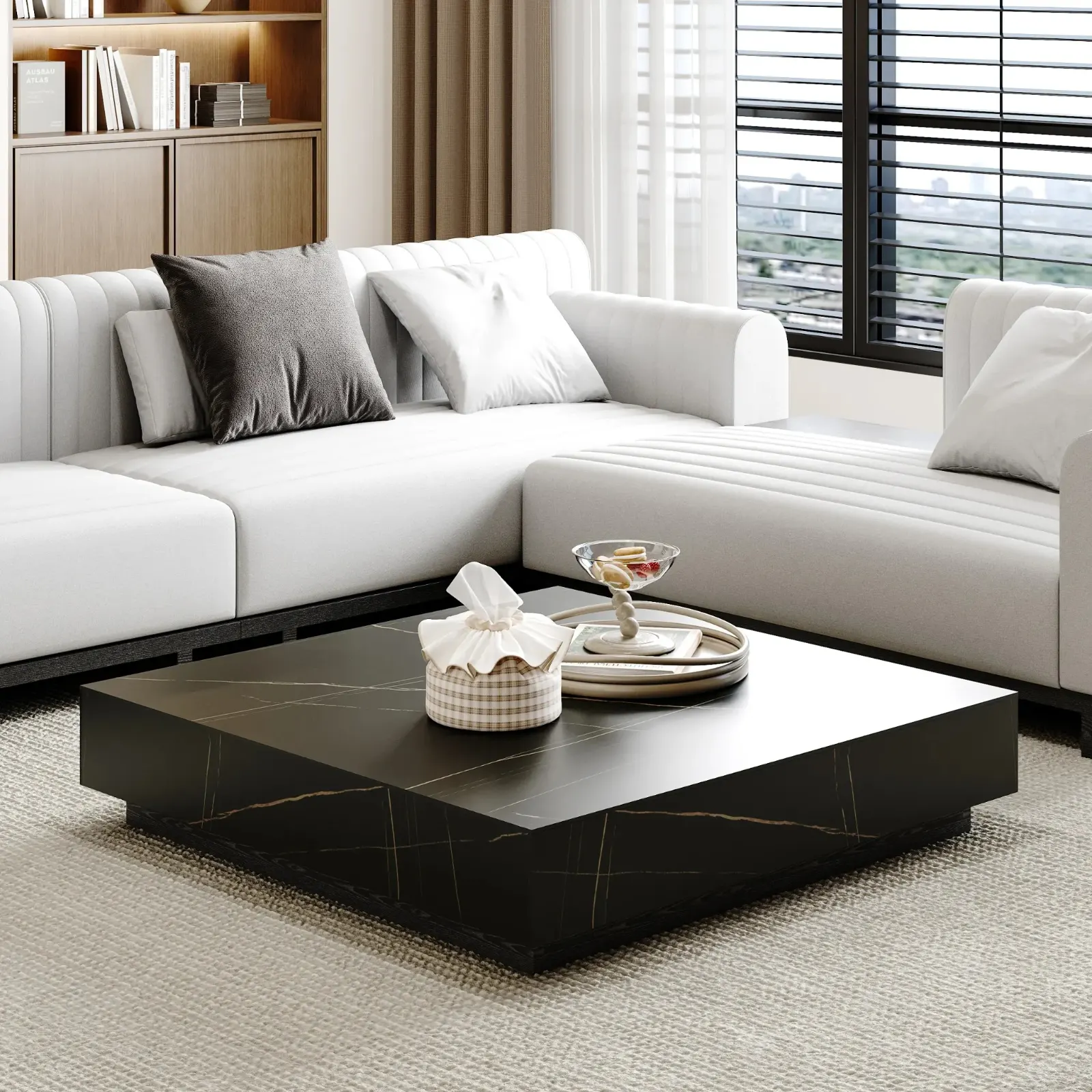 Modern Square Sintered Stone Coffee Table with 2 Drawers