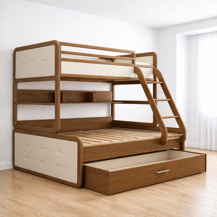 Luxury Bunk Bed with Storage Drawer – Single + Double Upholstered Bed