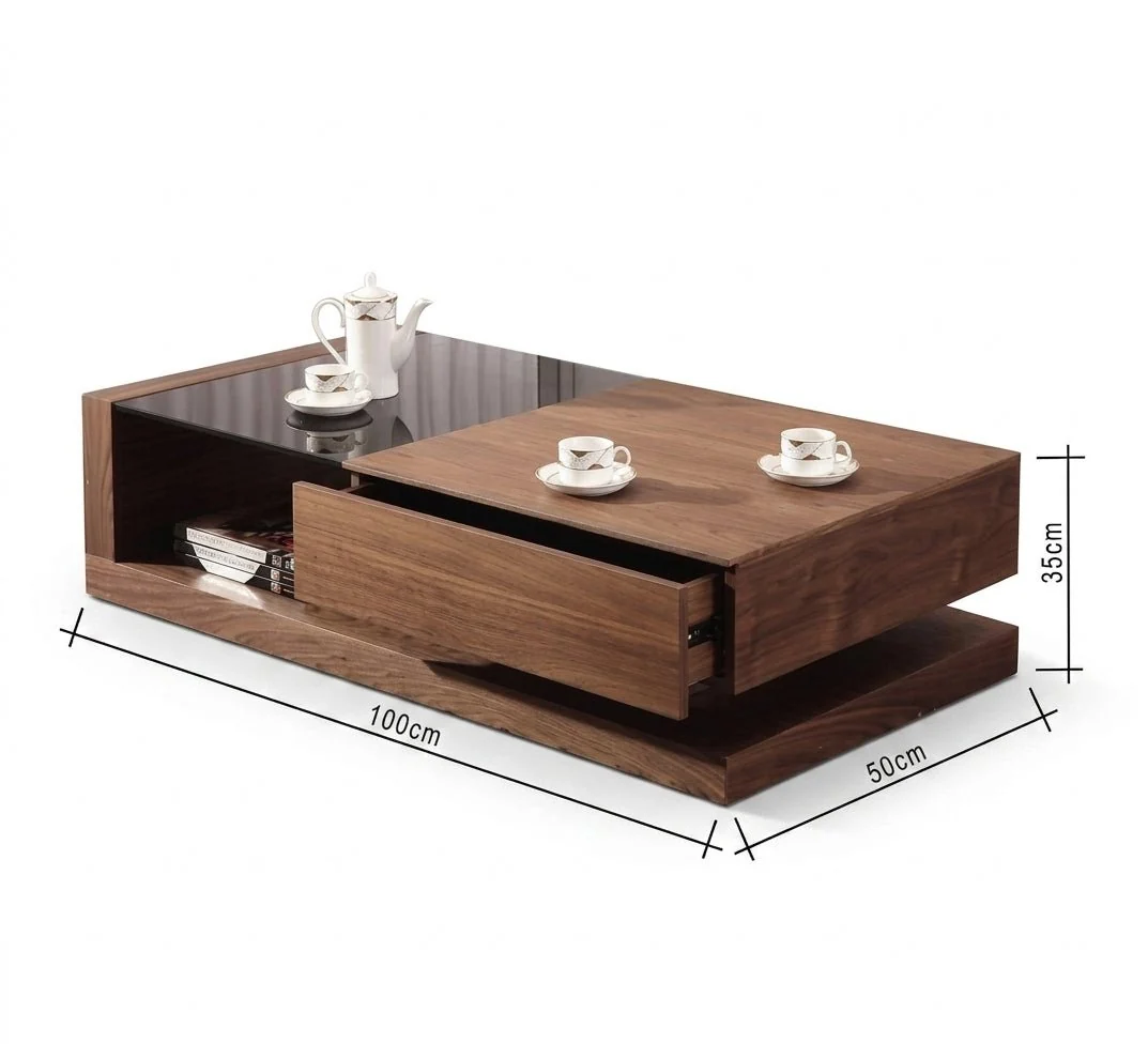 Elegantly Designed Coffee Table – Wood Tone MDF with Glass Top & Storage Drawer