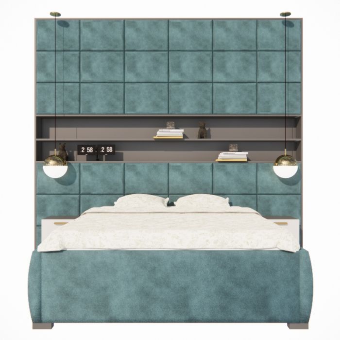 Luxury Bed with Oversized Headboard and Wall Shelves