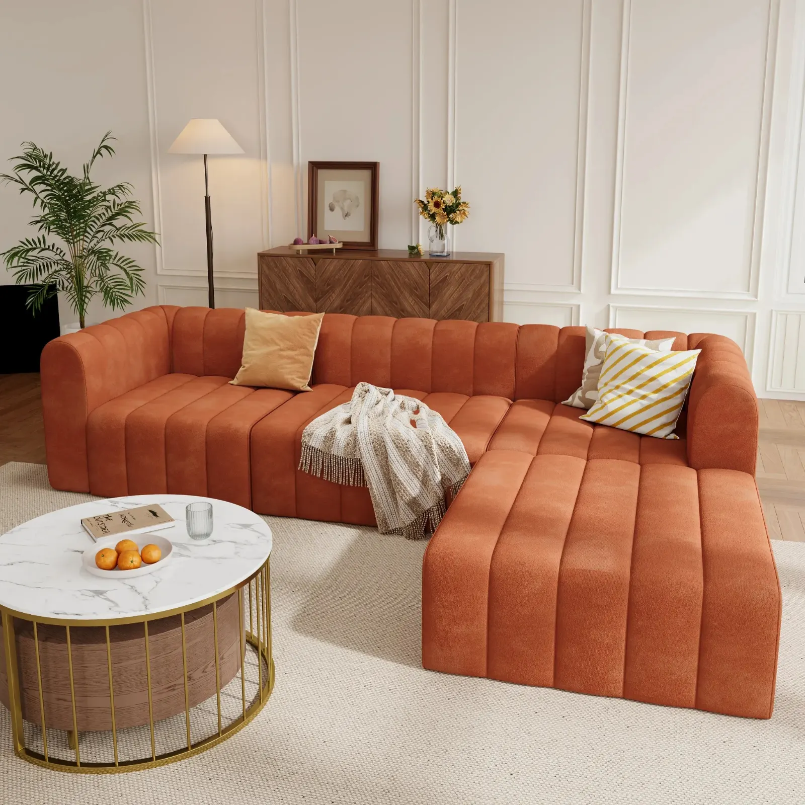 Rust Orange Modular Velvet Pit Sectional Sofa