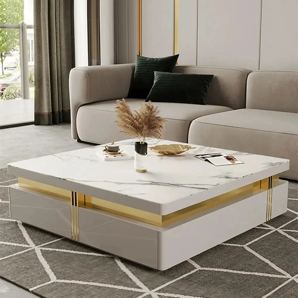 Modern White Sintered Stone Square Coffee Table with 4 Drawers