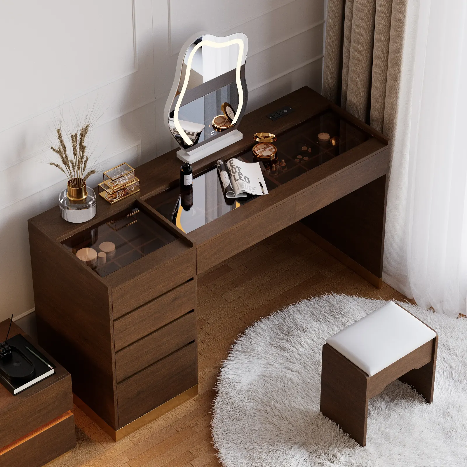 Modern Lighted Glass-Top Dressing Table Set with 6 Drawers and Stool