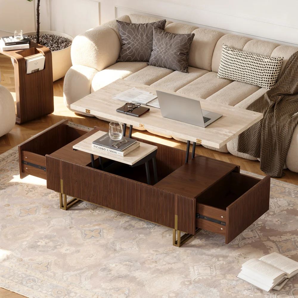 Modern Lift-Top Fluted Coffee Table – Travertine Veneer with 2 Drawers & Hidden Storage